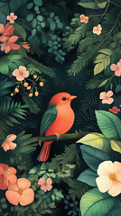 The image depicts a vibrant, red bird perched on a branch amidst lush green foliage and various colorful flowers, creating a serene and naturalistic scene