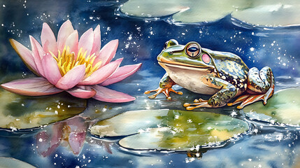A whimsical watercolor of a frog sitting on a lily pad in a sparkling pond 