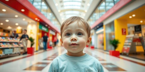 A young child stands in the center of a lively shopping mall, gazing around in wonder as family members browse nearby shops on a bright afternoon