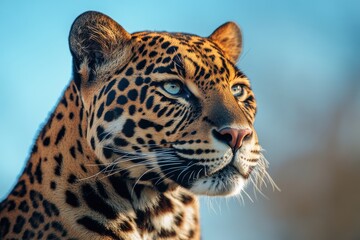 Obraz premium Majestic leopard portrait against a soft blue sky. Golden hour light highlights its stunning coat.