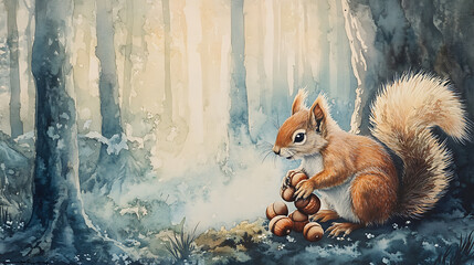 A whimsical watercolor of a squirrel gathering acorns in a misty forest 