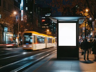 Night City Tram with Blank Advertisement Billboard