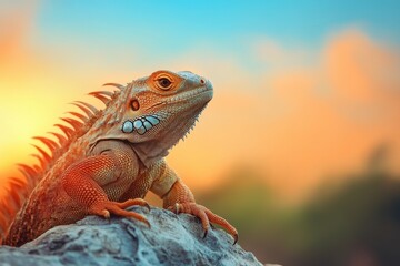 Obraz premium Vibrant iguana basking in the sunset's glow.