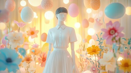 Elegant Mannequin Surrounded by Colorful Flowers and Easter Eggs