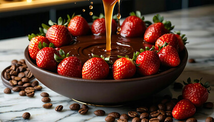 A rich dark chocolate fountain flowing elegantly into a bowl of fresh strawberries, with golden acce