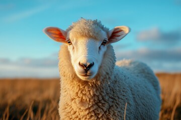 Obraz premium A fluffy sheep stares directly at the camera in a field of golden grass under a vibrant blue sky.