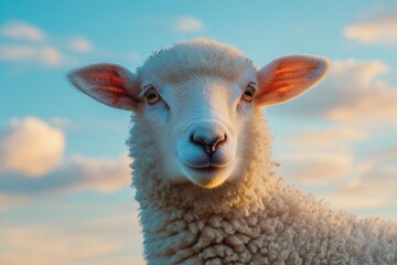Fototapeta premium Close-up portrait of a fluffy white lamb against a vibrant sunset sky.