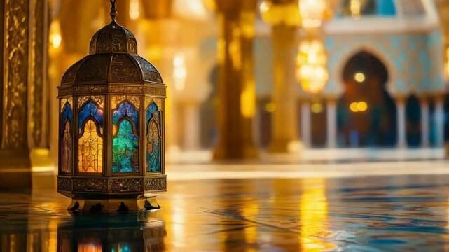 Golden ramadan islamic lattern Lights Bokeh Glow. Animated islamic background. 