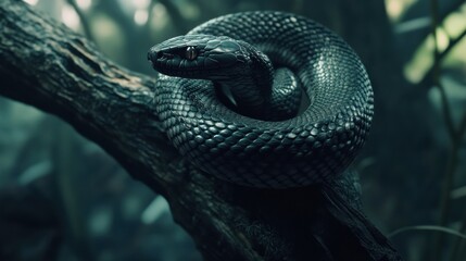 Fototapeta premium A close-up of a black mamba snake coiled on a branch, its scales shimmering