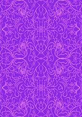 Hand-drawn abstract seamless ornament. Neon purple (proton purple) background and glowing pink pattern on it. Cloth texture. Digital artwork, A4, vertical. (pattern: p07-1d)