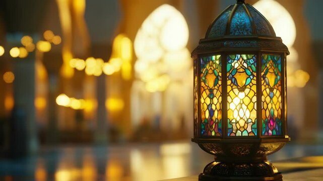 Golden ramadan islamic lattern Lights Bokeh Glow. Animated islamic background. 