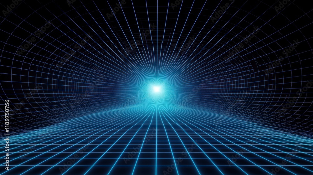 Poster abstract digital illustration. blue glowing radial lighting effect on grid perspective background. s