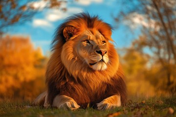 Obraz premium Majestic male lion rests in the golden hour light, his powerful presence captured in this stunning wildlife image.