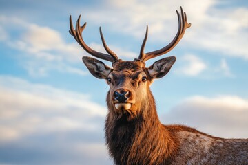 Majestic stag with large antlers against a cloudy sky.  A powerful image of wildlife in its natural habitat.