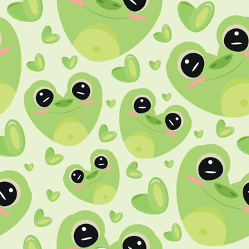 hearts with animal design namely green frog design in the shape of a heart and green hearts on a green background, valentine's day pattern