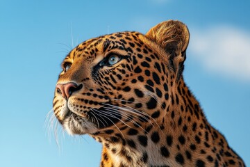 Close-up of a leopard's majestic face against a vibrant blue sky. The big cat's intense gaze and striking coat are captivating.