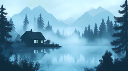Serene lakeside cabin nestled in the misty mountain landscape. Lakeshadow. Illustration
