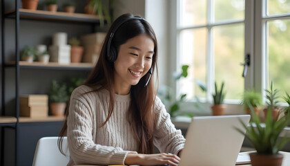 Smiling young woman working on a laptop with a headset in a cozy home office..