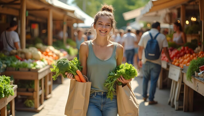 Smiling young woman shopping for fresh vegetables at a farmer's market..