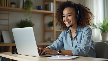 Smiling woman working on a laptop with a headset in a home office..