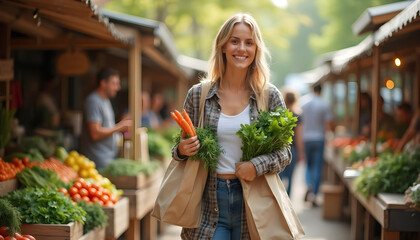 Smiling woman shopping for fresh produce at a farmer's market..