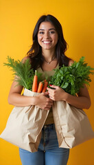 Smiling woman holding reusable bags with fresh vegetables against a yellow background