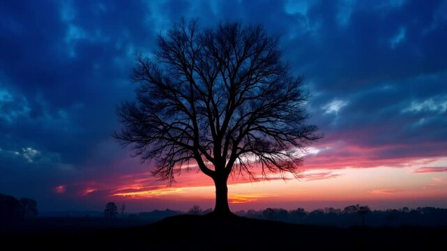 Barren tree silhouette under twilight sky, symbolizing solitude