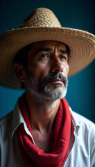 portrait of a Thoughtful Man Wearing a Straw Hat