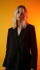 Elegant Woman in Black Blazer Against Bold Orange Background