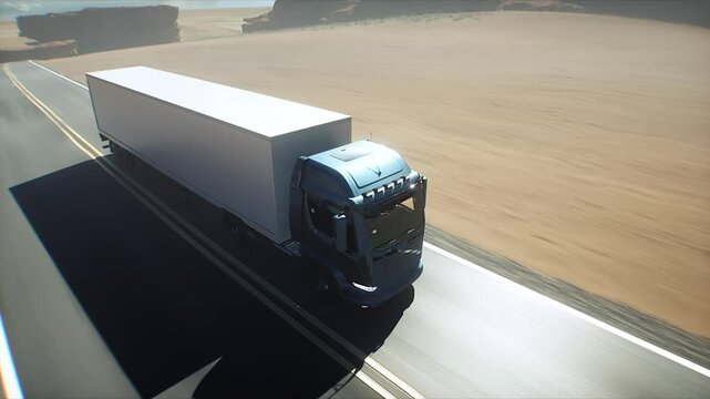 White delivery generic truck on desert highway. Very fast driving. Delivery concept.