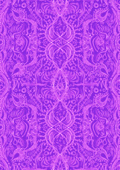 Hand-drawn abstract seamless ornament. Neon purple (proton purple) background and glowing pink pattern on it. Cloth texture. Digital artwork, A4, vertical. (pattern: p09d)