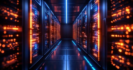 Futuristic Server Room with Digital Circuits Neon Lighting and Datacenter Technology