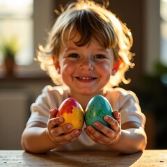 Fototapeta premium A child smiles brightly while holding two beautifully decorated Easter eggs in a cozy indoor setting. The warm light enhances the joyful atmosphere of the festive occasion.