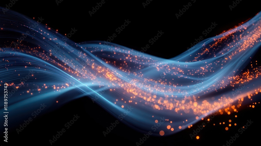 Aufkleber futuristic abstract digital data flow with blue and orange light in motion against black background