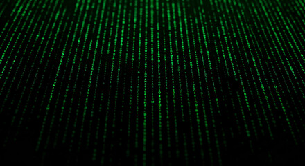 Green vertical lines of code on a black background, resembling digital rain.