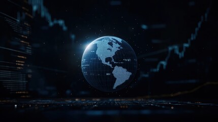 Digital globe shows global data. Futuristic tech visualization of Earth. Nighttime view. Global economy, tech concepts shown in graphic visualization. Global trends, market insights. Data flow