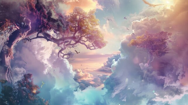 a whimsical dreamscape filled with fantastical creatures and magical landscapes, white space in the center of the page for text, vibrant and enchanting hues against a surreal backdrop