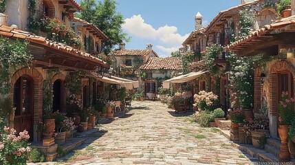 Obraz premium Charming cobblestone street lined with flower-adorned buildings.