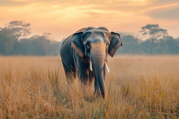 Obraz premium Majestic elephant in golden field at sunset.