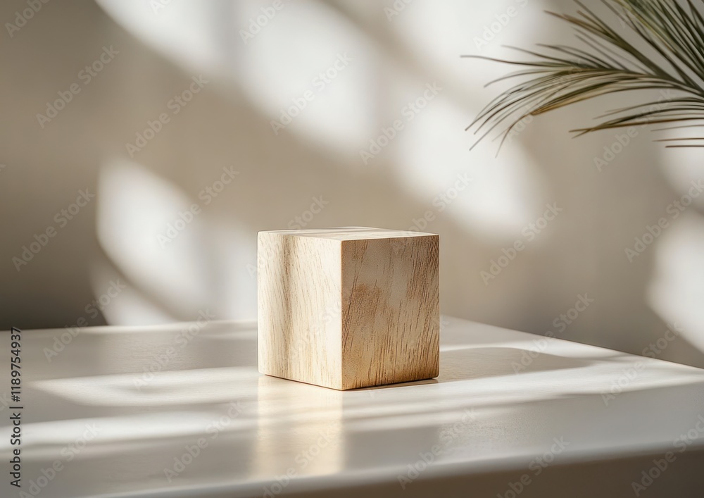 Poster Minimal Wooden Cube on Smooth Surface with Natural Light Shadow in Scandinavian Style