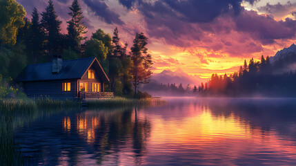 A quiet lakeside cabin at sunrise, the still water reflecting the colorful sky as the day begins peacefully. Lakeshadow. Illustration