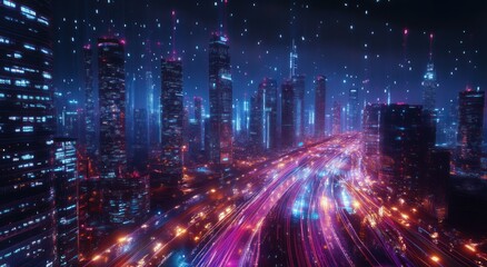Obraz premium Futuristic Cyberpunk Cityscape with Neon Lights and Movement Trails