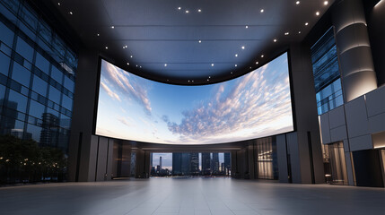 A large, curved LED screen in the lobby of an office building