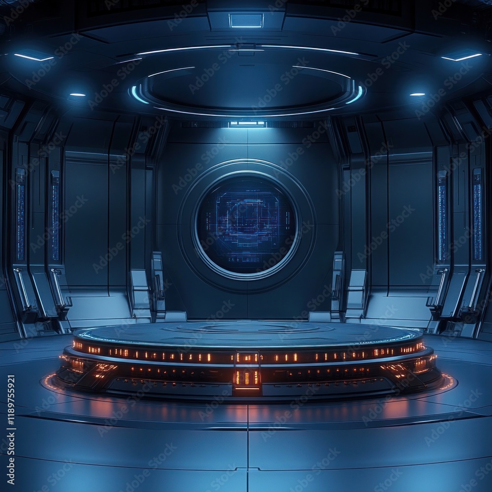 Poster futuristic control room with holographic display circular platform and glowing blue light