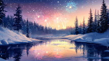 Fototapeta premium A serene winter landscape featuring colorful fireworks reflecting over a still, icy river surrounded by snow-covered trees under a starry night sky. Lakeshadow. Illustration