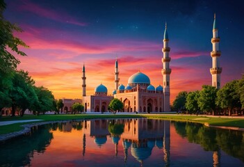 Beautiful and colorful illustration of a mosque with trees, flowers and peaceful sky, amazing, serene, tranquil, vibrant