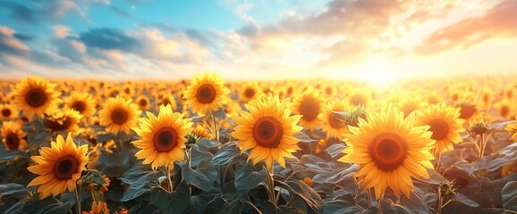 Obraz premium Vibrant sunflowers blooming at sunset in a vast field.