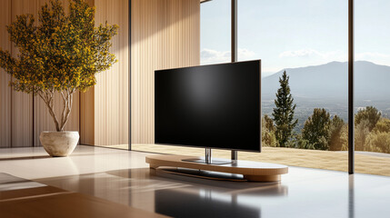 Fototapeta premium A modern flat-screen TV placed on a minimalist TV stand