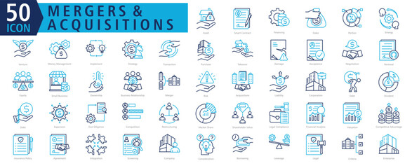MERGERS & ACQUISITIONS ICON SET With Asset, Smart Contract, Financing, Stake, Portion, Sinergy, Venture, Money Management, Implement and Strategy
