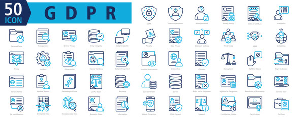 GDPR ICON SET With Pseudonymisation, Anonymization, Privacy Policy, Code of Conduct, Complaint, Personal Data, Transparency, Online Privacy, Data Integrity and Data Portability
